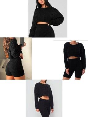 Cable Knit Sweater Set Cropped top Ribbed Biker Shorts Sz. Large Black New